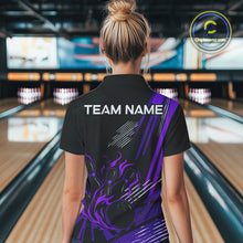 Load image into Gallery viewer, Black and Purple Flame Bowling Polo, Quarter Zip Shirts For Women Custom Bowling Outfit Team Jerseys NQS10194