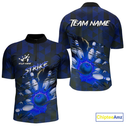 Blue Camo strike Men's Bowling Polo, Quarter Zip Shirt Custom Team Bowling jersey, gift for bowler NQS10343