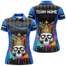 Load image into Gallery viewer, Black argyle pattern colorful Skull matching golf shirts for couples custom golf outfits | Blue NQS8379