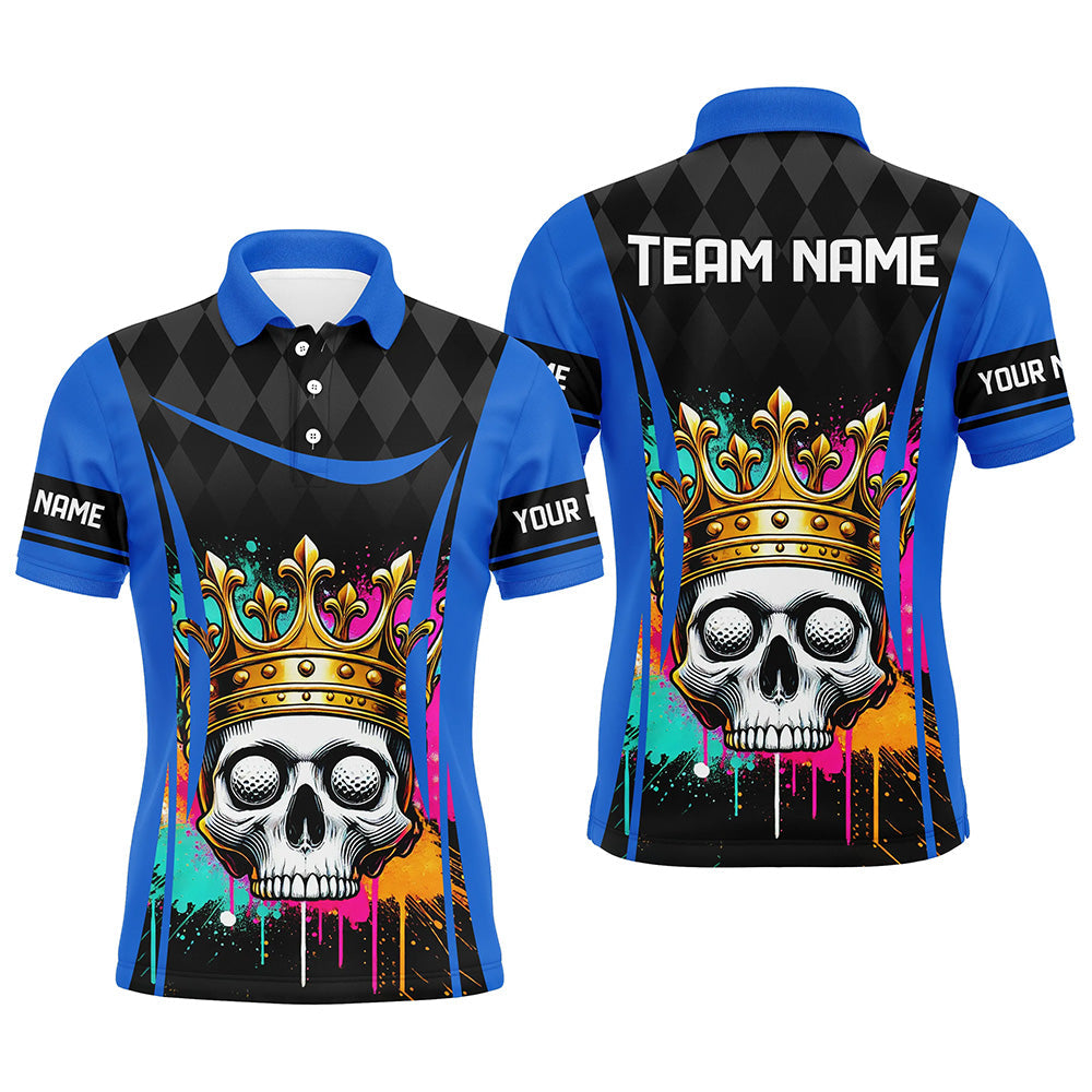 Black argyle pattern colorful Skull matching golf shirts for couples custom golf outfits | Blue NQS8379