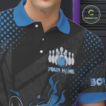 Load image into Gallery viewer, Personalized Black and Blue Flame Bowling Polo, 1/4 Zip Shirts For Men, Custom bowling Team Jerseys NQS10771
