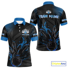 Load image into Gallery viewer, Personalized Black and Blue Flame Bowling Polo, 1/4 Zip Shirts For Men, Custom bowling Team Jerseys NQS10771