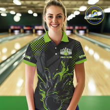 Load image into Gallery viewer, Personalized Black and Green Flame Bowling Polo, 1/4 Zip Shirts For Women, Custom bowling Team Jersey NQS10772