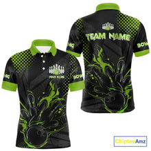 Load image into Gallery viewer, Personalized Black and Green Flame Bowling Polo, 1/4 Zip Shirts For Men, Custom bowling Team Jerseys NQS10772