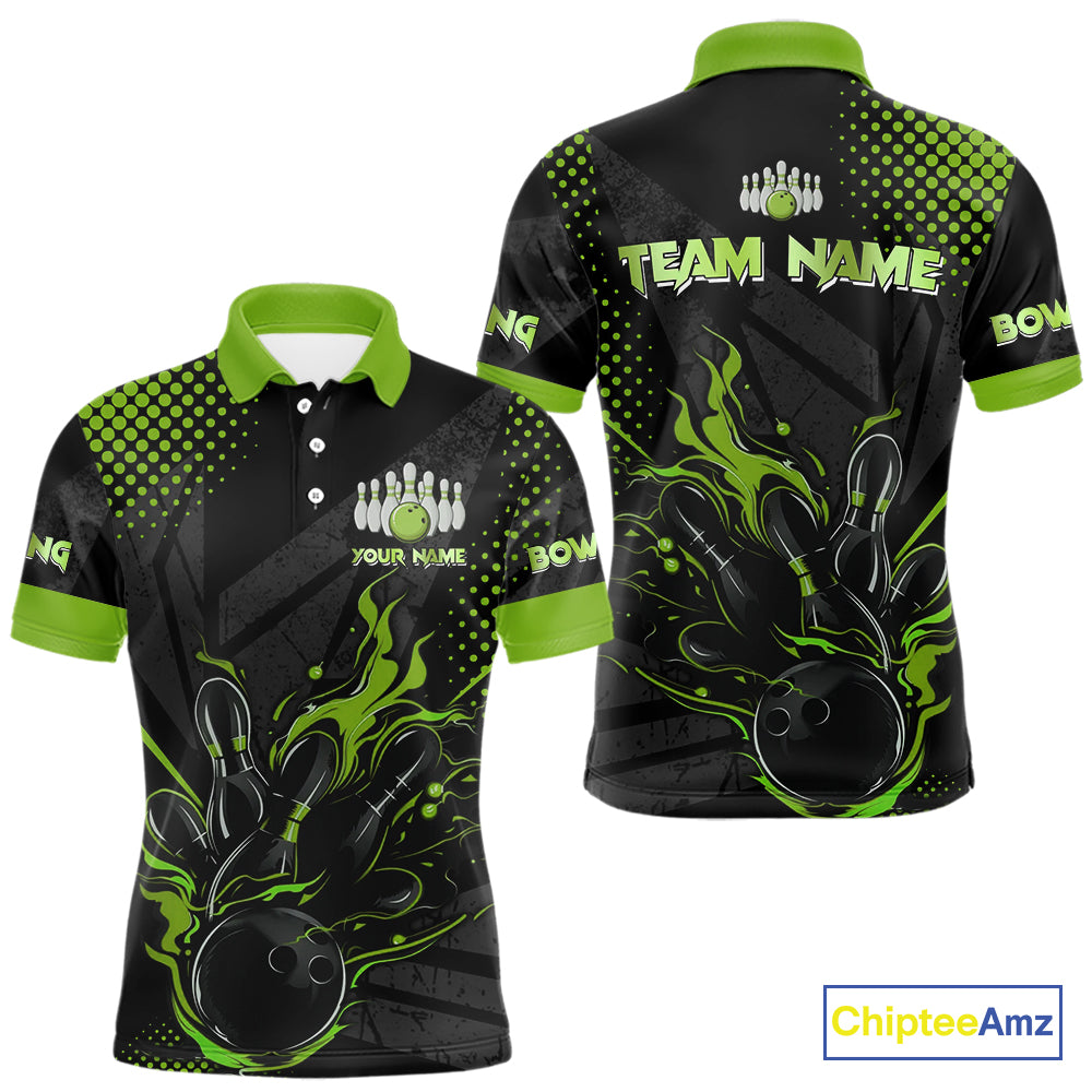 Personalized Black and Green Flame Bowling Polo, 1/4 Zip Shirts For Men, Custom bowling Team Jerseys NQS10772