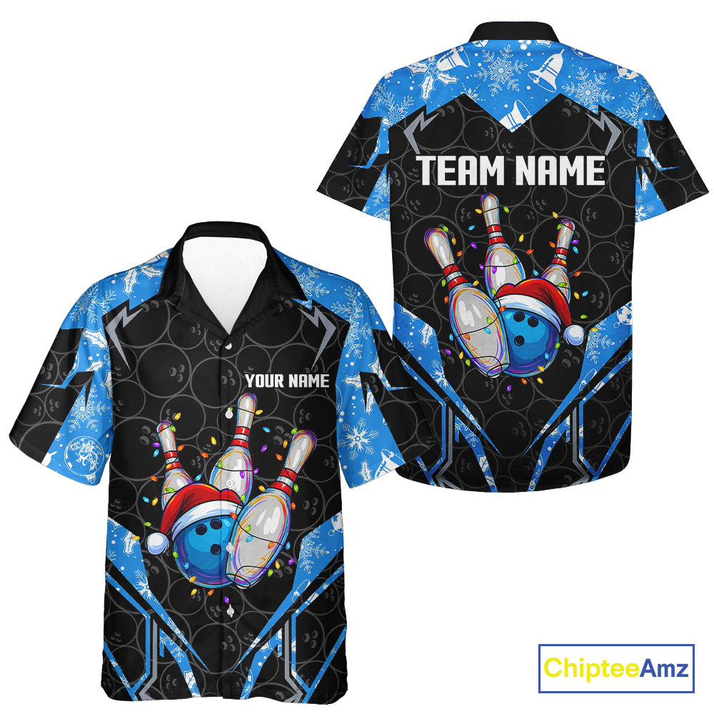 Black Camo Blue Christmas Hawaiian bowling shirt Custom Team bowling button up shirt gift for bowlers NQS10966