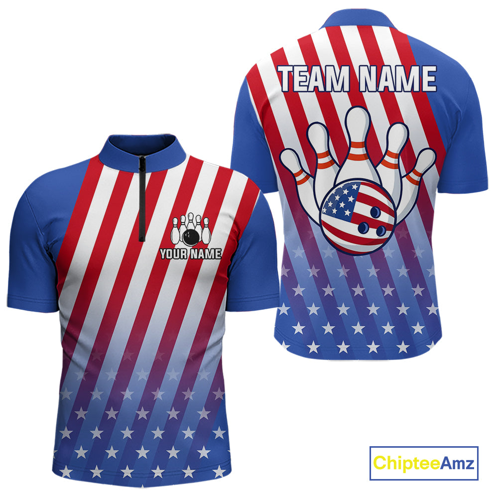 Red, White and Blue US Flag Bowling Shirts for Men Custom Patriotic Bowling Team Jerseys NQS11148