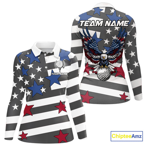 Gray and White American Flag Eagle Golf Polo shirt for Women Custom patriotic team ladies golf outfit NQS9798