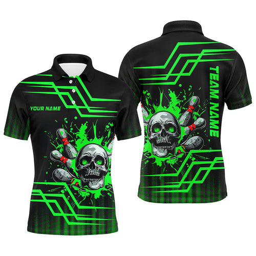 Black and green bowling skull polo, Quarter zip Shirts for men Custom team Bowling jerseys, bowl gifts NQS7956