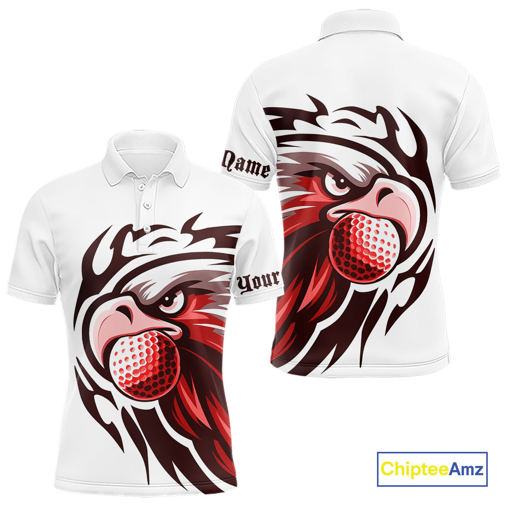 Mens golf polo shirts custom Red Eagle golf ball white golf tops, team golf attire for mens NQS10553