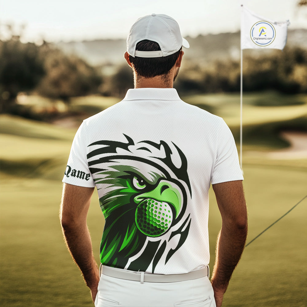 Mens golf polo shirts custom Green Eagle golf ball white golf tops, team golf attire for mens NQS10554