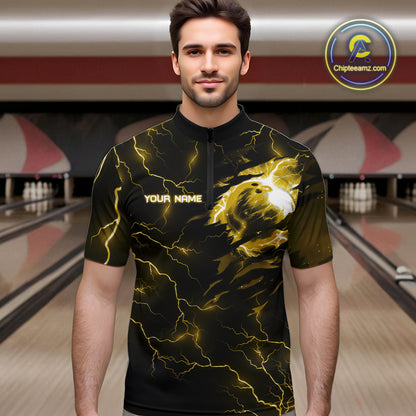 Yellow lightning thunder bowling American flag Eagle custom Mens Bowling Polo, Quarter Zip Shirts NQS10557
