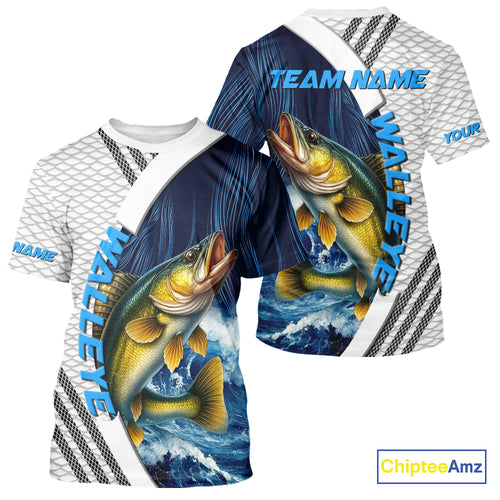 Blue and White Camo Walleye fishing Custom name sun protection Walleye fishing team jerseys NQS10556