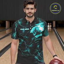 Load image into Gallery viewer, Cyan Blue lightning thunder bowling American flag Eagle custom Mens Bowling Polo, Quarter Zip Shirts NQS10558
