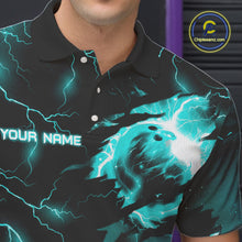 Load image into Gallery viewer, Cyan Blue lightning thunder bowling American flag Eagle custom Mens Bowling Polo, Quarter Zip Shirts NQS10558