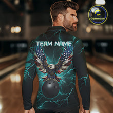 Load image into Gallery viewer, Cyan Blue lightning thunder bowling American flag Eagle custom Mens Bowling Polo, Quarter Zip Shirts NQS10558