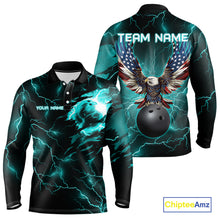 Load image into Gallery viewer, Cyan Blue lightning thunder bowling American flag Eagle custom Mens Bowling Polo, Quarter Zip Shirts NQS10558