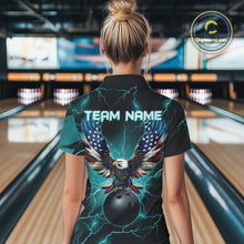 Load image into Gallery viewer, Cyan Blue lightning thunder bowling American flag Eagle custom Womens Bowling Polo, Quarter Zip Shirt NQS10558