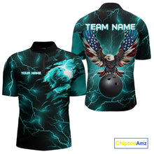Load image into Gallery viewer, Cyan Blue lightning thunder bowling American flag Eagle custom Mens Bowling Polo, Quarter Zip Shirts NQS10558