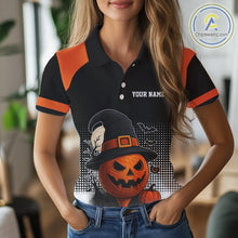 Load image into Gallery viewer, Black and Orange Funny pumpkin Golf Ball Women golf polo shirt Custom Halloween team ladies golf wear NQS10778