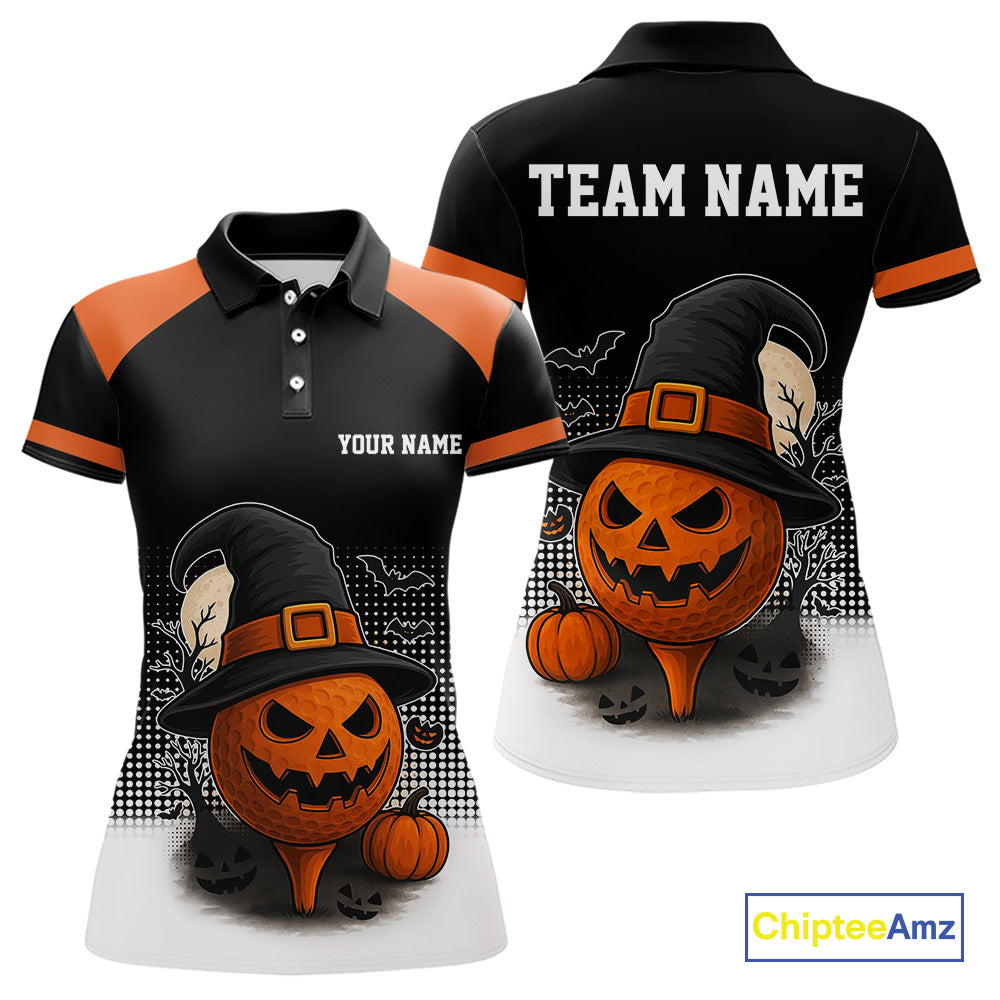 Black and Orange Funny pumpkin Golf Ball Women golf polo shirt Custom Halloween team ladies golf wear NQS10778