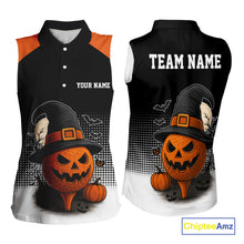 Load image into Gallery viewer, Black &amp; Orange Funny pumpkin Golf Ball Women Sleeveless polo shirt Custom Halloween ladies golf wear NQS10778