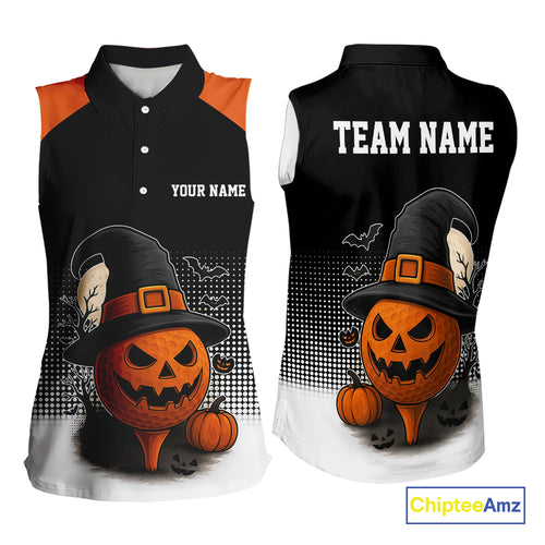 Black & Orange Funny pumpkin Golf Ball Women Sleeveless polo shirt Custom Halloween ladies golf wear NQS10778