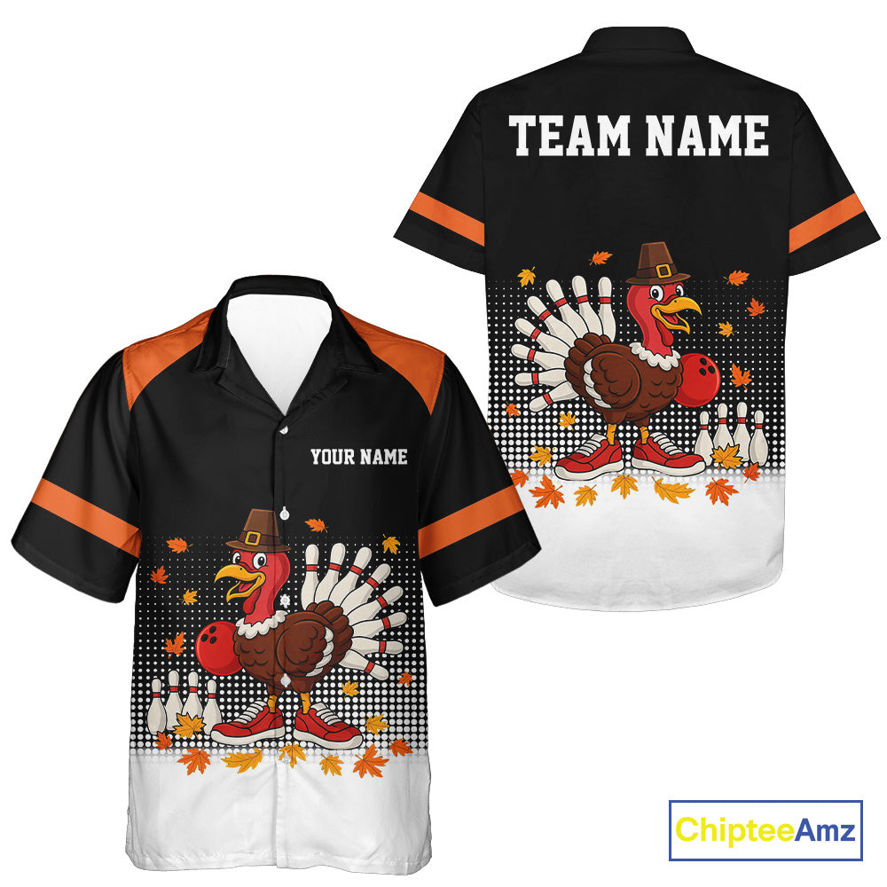 Black and Orange Turkey Bowling Hawaiian Shirt Custom Thanksgiving team Bowling jersey NQS10779