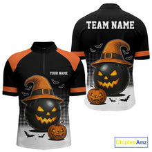 Load image into Gallery viewer, Black and Orange Funny Halloween Bowling Polo, 1/4 Zip Shirts For Men Custom team Bowling jersey NQS10780