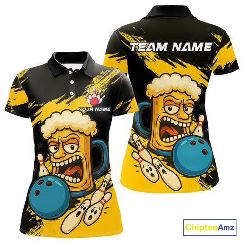 Black And Yellow Funny Beer Bowling Women Polo, 1/4 Zip Shirts Custom Angry Beer Glass Bowling Jersey NQS10784