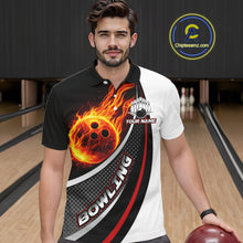 Load image into Gallery viewer, Personalized Black &amp; White Red Flame Bowling Polo, 1/4 zip Team Shirts For Men, Gifts For Bowlers NQS11358