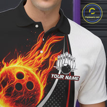 Load image into Gallery viewer, Personalized Black &amp; White Red Flame Bowling Polo, 1/4 zip Team Shirts For Men, Gifts For Bowlers NQS11358