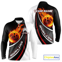 Load image into Gallery viewer, Personalized Black &amp; White Red Flame Bowling Polo, 1/4 zip Team Shirts For Men, Gifts For Bowlers NQS11358