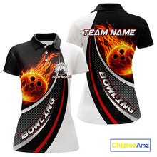Load image into Gallery viewer, Personalized Black &amp; White Red Flame Bowling Polo, 1/4 zip Team Shirts For Women, Gifts For Bowlers NQS11358