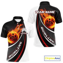 Load image into Gallery viewer, Personalized Black &amp; White Red Flame Bowling Polo, 1/4 zip Team Shirts For Men, Gifts For Bowlers NQS11358