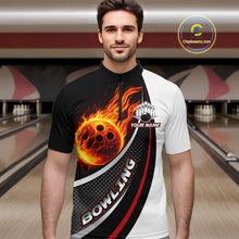 Load image into Gallery viewer, Personalized Black &amp; White Red Flame Bowling Polo, 1/4 zip Team Shirts For Men, Gifts For Bowlers NQS11358