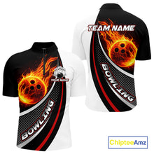 Load image into Gallery viewer, Personalized Black &amp; White Red Flame Bowling Polo, 1/4 zip Team Shirts For Men, Gifts For Bowlers NQS11358