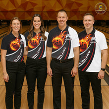 Load image into Gallery viewer, Personalized Black &amp; White Red Flame Bowling Polo, 1/4 zip Team Shirts For Men, Gifts For Bowlers NQS11358