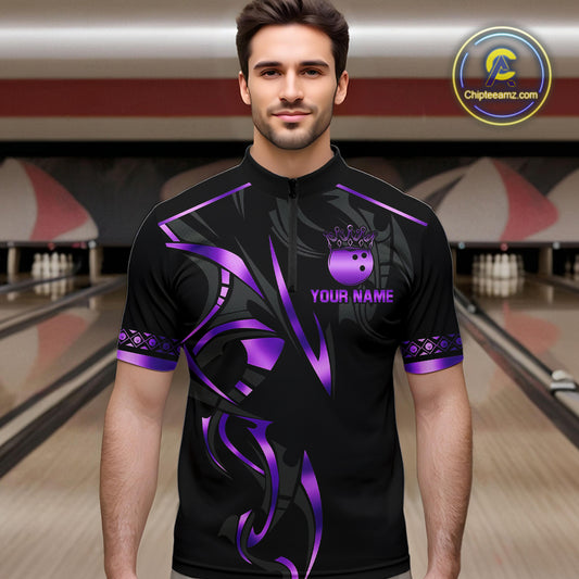 Black and Purple crown Bowling ball Polo, Quarter Zip Shirts for Men Custom Bowling Team jerseys NQS10046