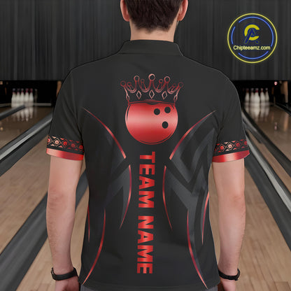 Black and Red crown Bowling ball Polo, Quarter Zip Shirts for Men Custom Bowling Team jerseys NQS10047
