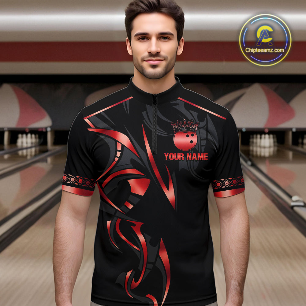 Black and Red crown Bowling ball Polo, Quarter Zip Shirts for Men Custom Bowling Team jerseys NQS10047
