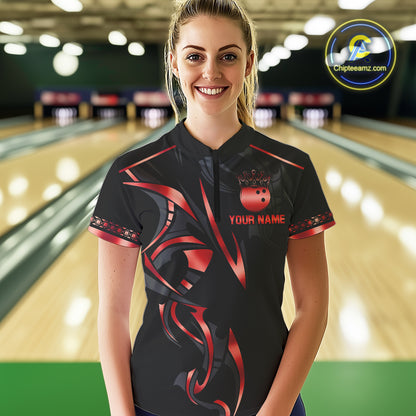 Black and Red crown Bowling ball Polo, Quarter Zip Shirts for Women Custom Bowling Team jerseys NQS10047