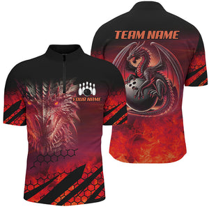 Black And Red Custom Dragon Flame Bowling Shirts For Men, Dragon Fire Bowling Team Shirts NQS8384