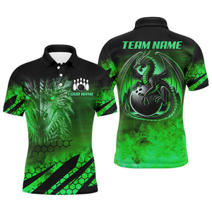 Black And Green Custom Dragon Flame Bowling Shirts For Men, Dragon Fire Bowling Team Shirts NQS8385