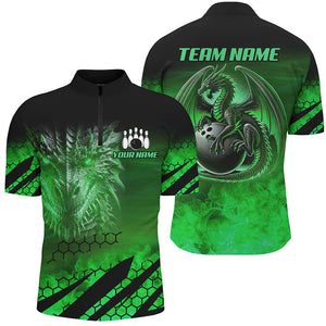 Black And Green Custom Dragon Flame Bowling Shirts For Men, Dragon Fire Bowling Team Shirts NQS8385