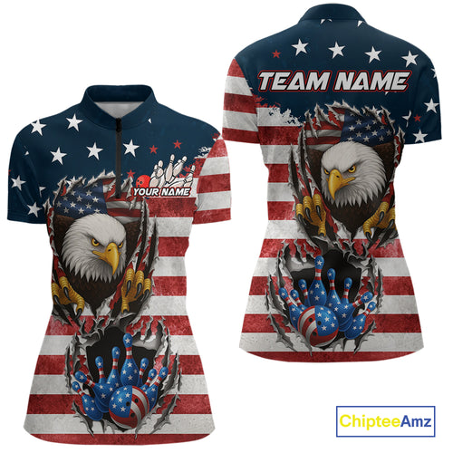 Vintage American Flag Eagle Bowling Polo,1/4 Zip Shirt for Women Custom Patriotic Team Bowling Jersey NQS10569