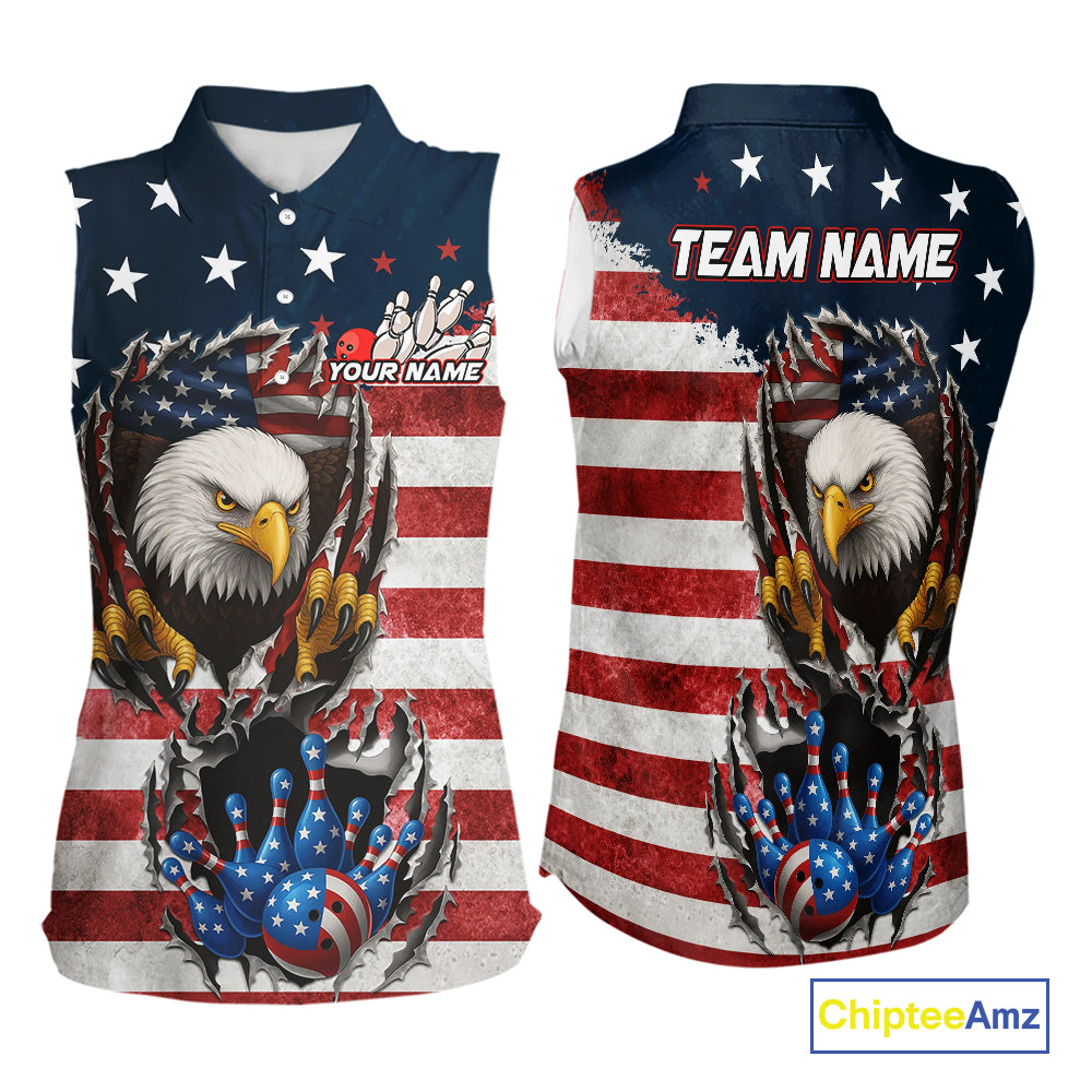 Vintage American Flag Eagle Bowling Sleeveless Polo Shirt Custom Patriotic Team Bowling Jersey NQS10569