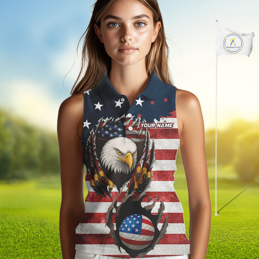 Vintage American Flag Eagle Womens Sleeveless polo shirts Custom Patriotic Team Golf top for ladies NQS10570