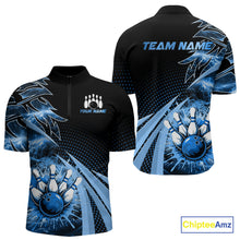 Load image into Gallery viewer, Black and Blue Bowling Polo, Quarter zip shirts For Men Custom Team Bowling Jerseys, Gift For Bowlers NQS10786