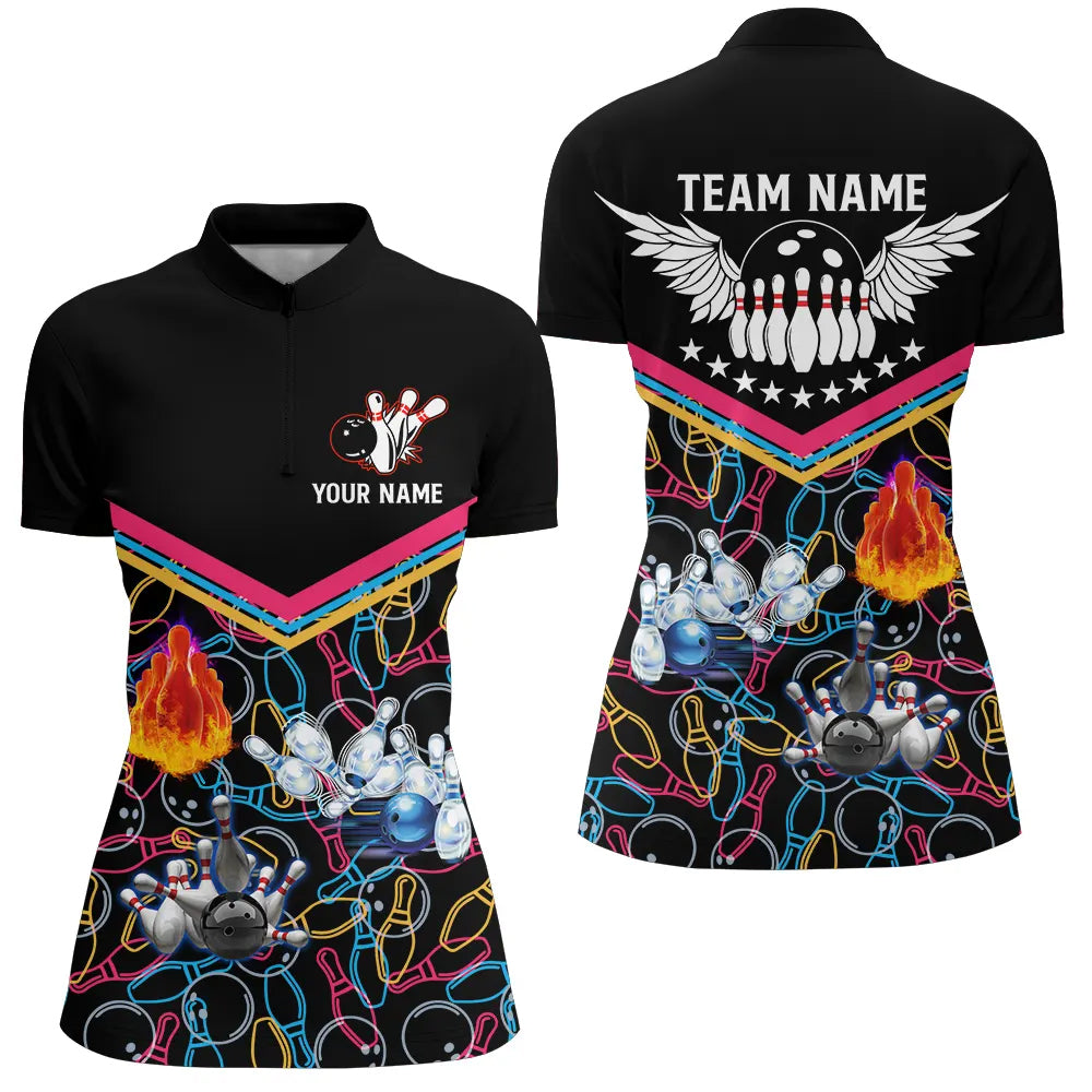 Custom Multicolor black bowling shirt for women – personalized team jersey front view